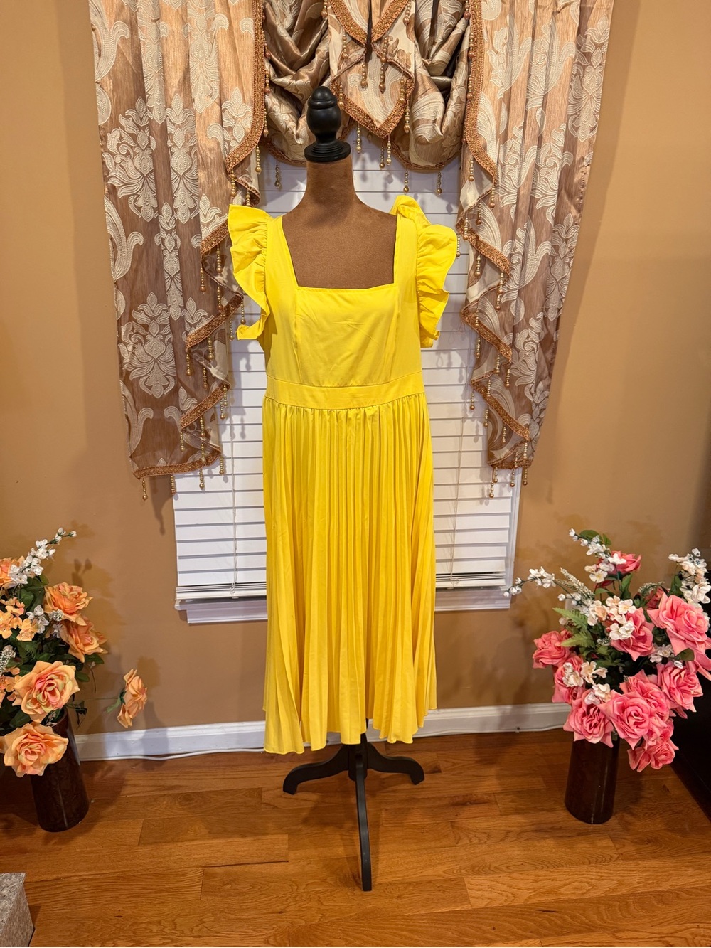 Women's Yellow Ruffle Sleeve Midi Dress 0XL
